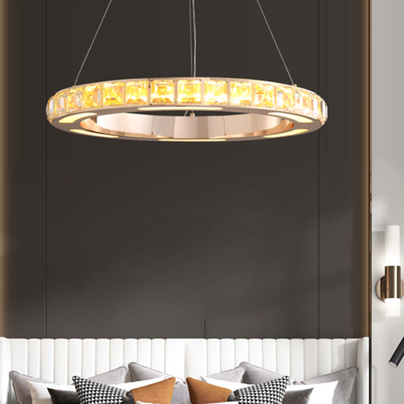 Gold Ring Shaped Chandelier Simple Crystal Embedded LED Pendant Light for Living Room