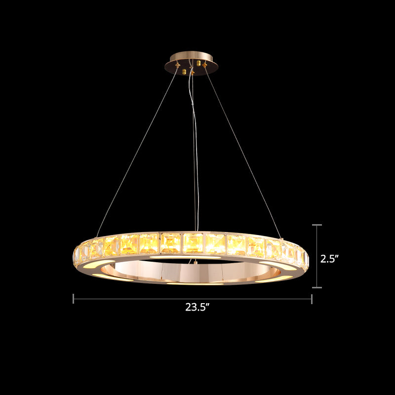 Gold Ring Shaped Chandelier Simple Crystal Embedded LED Pendant Light for Living Room