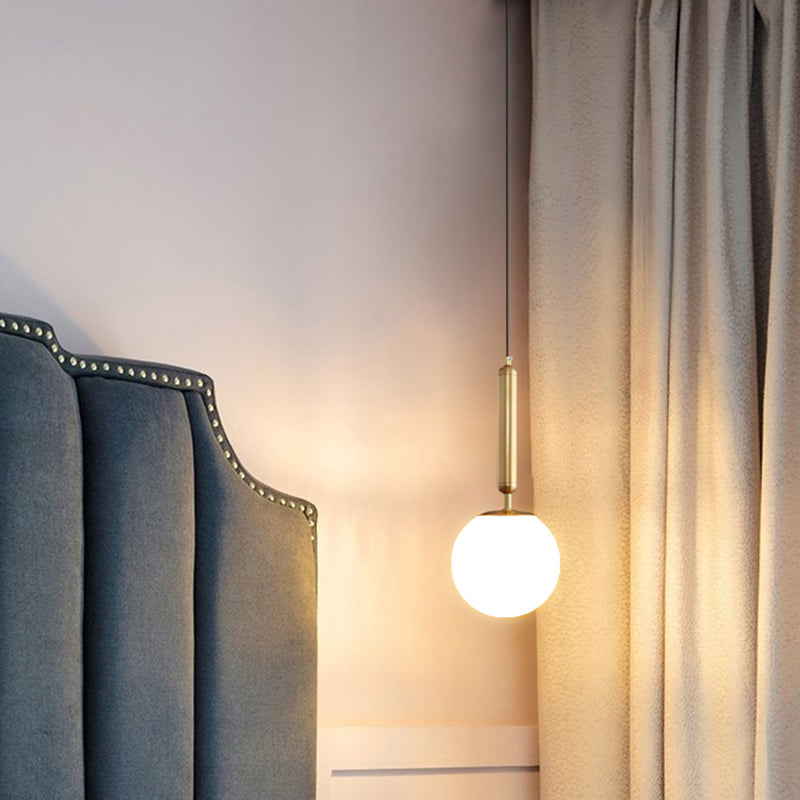 Minimalist Ball Hanging Ceiling Light Opal Blown Glass 1 Bulb Bedside Pendulum Light in Gold