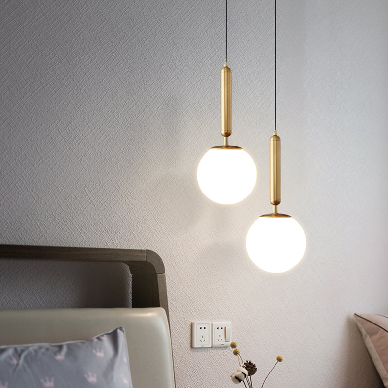 Minimalist Ball Hanging Ceiling Light Opal Blown Glass 1 Bulb Bedside Pendulum Light in Gold