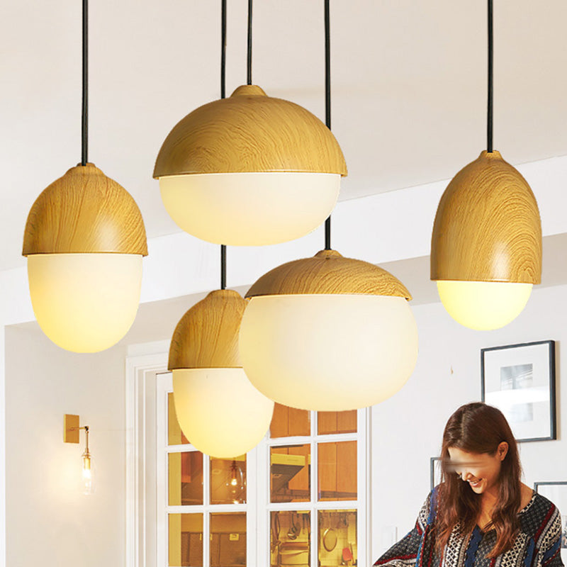 Beige Nut Pendant Light Simple Style 1 Testa a testa in legno Lampada per il ristorante
