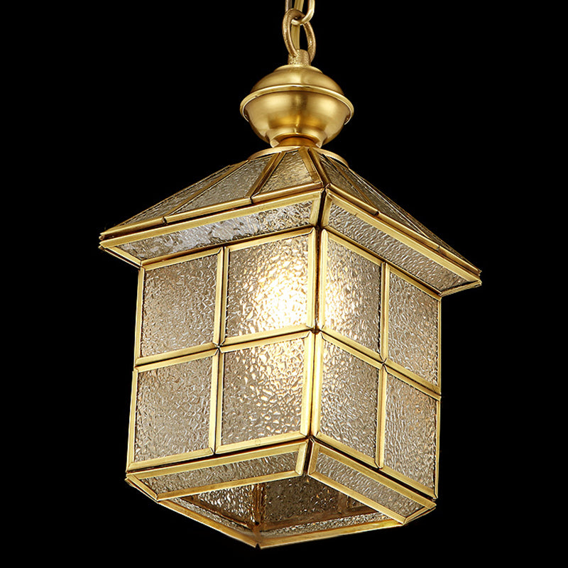 Gold House Shaped Drop Pendant Colonial Chic Textured Glass 1 Bulb Dining Room Suspension Light