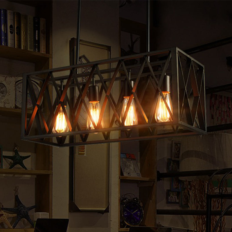 Wrought Iron Black Hanging Light Fixture Rectangular Industrial Style Island Lighting for Bar