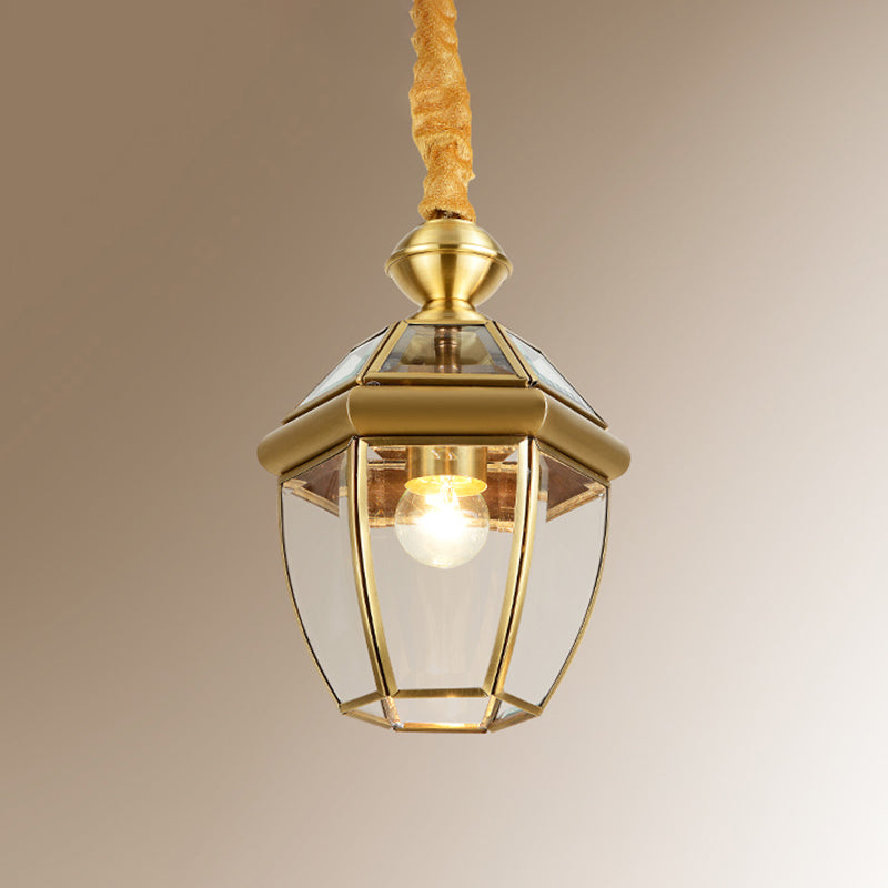 Hexagonal Clear Glass Lantern Pendant Retro 1-Light Foyer Hanging Lamp Kit in Gold
