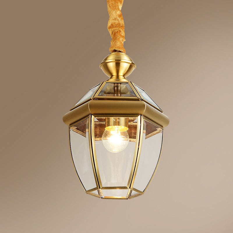 Hexagonal klare Glaslaterne Anhänger Retro 1-Licht Foyer Hanging Lamp Kit in Gold