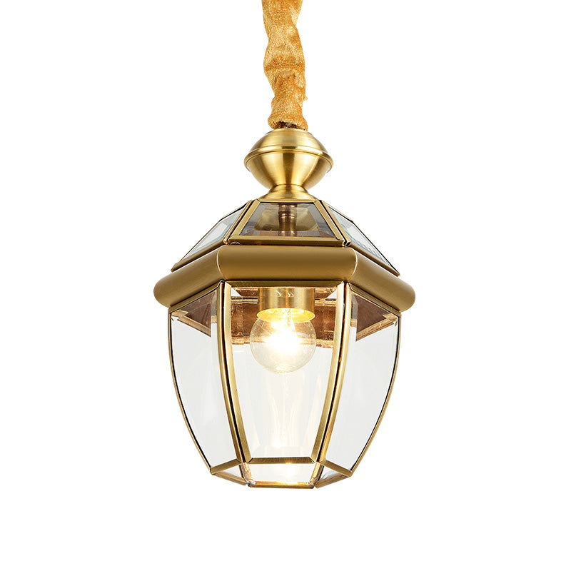 Hexagonal Clear Glass Lantern Pendant Retro 1-Light Foyer Hanging Lamp Kit in Gold