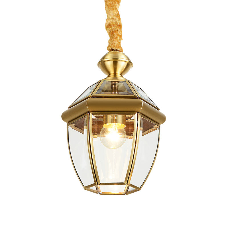 Hexagonal klare Glaslaterne Anhänger Retro 1-Licht Foyer Hanging Lamp Kit in Gold