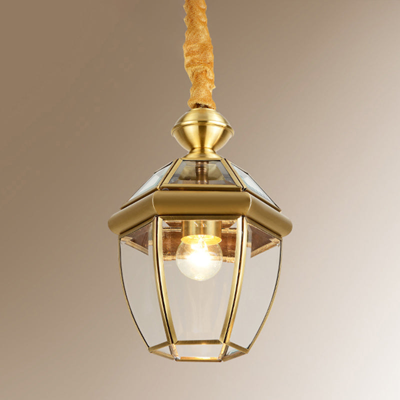 Hexagonal klare Glaslaterne Anhänger Retro 1-Licht Foyer Hanging Lamp Kit in Gold