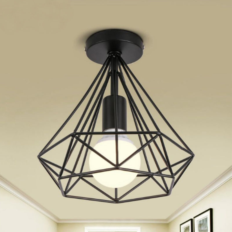 Iron Wire Diamond Ceiling Flush Light Vintage 1-Light Passage Flush Mount Lamp in Schwarz