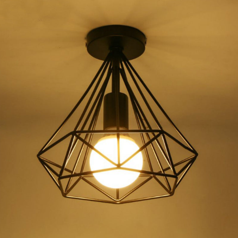 Iron Wire Diamond Ceiling Flush Light Vintage 1-Light Passage Flush Mount Lamp in Schwarz