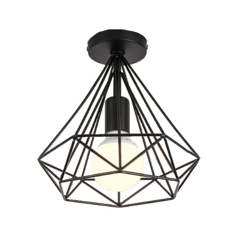 Iron Wire Diamond Ceiling Flush Light Vintage 1-Light Passage Flush Mount Lamp in Schwarz