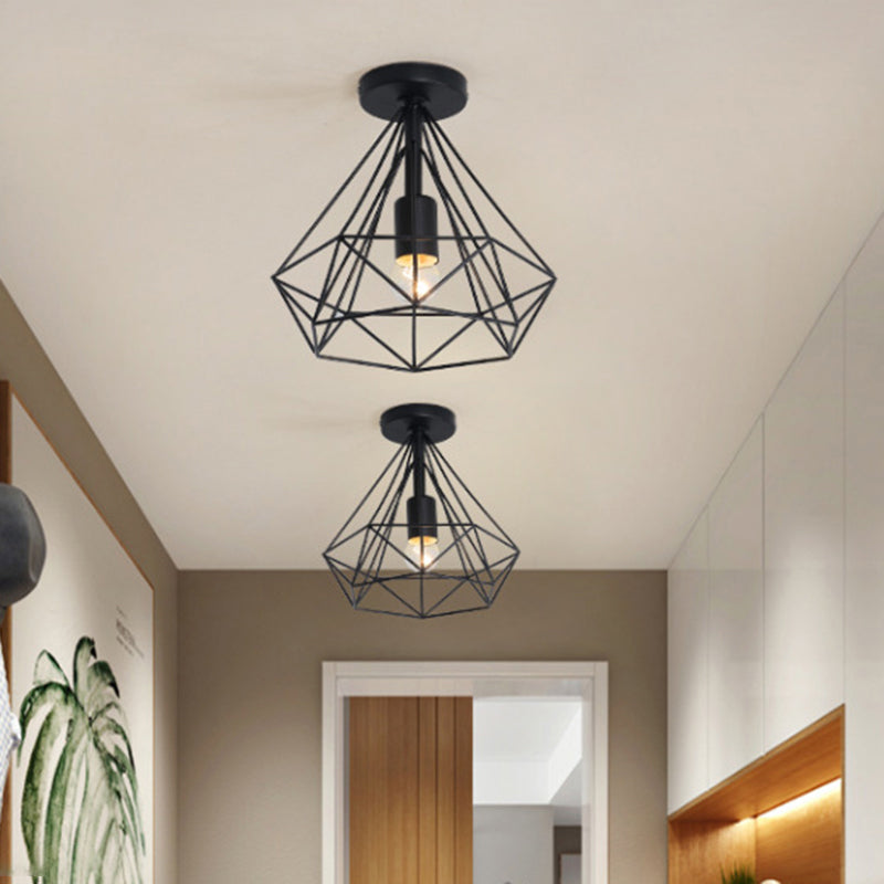 Iron Wire Diamond Ceiling Flush Light Vintage 1-Light Passage Flush Mount Lamp in Schwarz