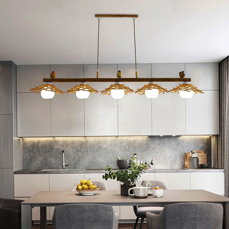 Cottage Conical Island Light Bamboo Pendant Lighting in Wood with Dome White Glass Shade