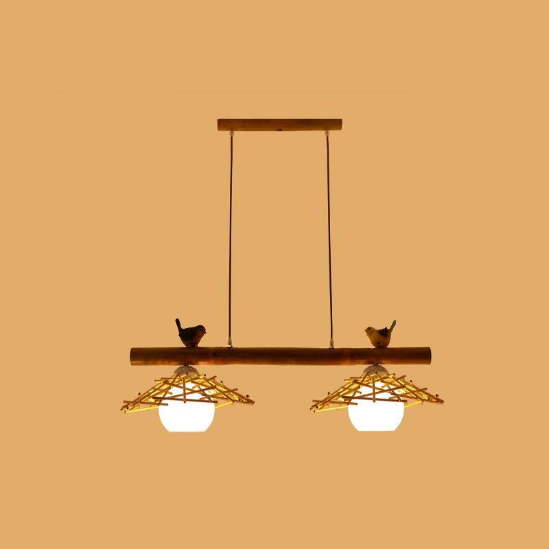 Cottage Conical Island Light Bamboo Pendant Lighting in Wood with Dome White Glass Shade