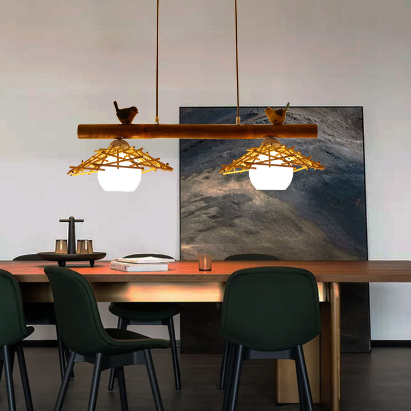 Cottage conico Isola Light Bamboo Bamboo Accensione in legno con ombra di vetro bianco cupola