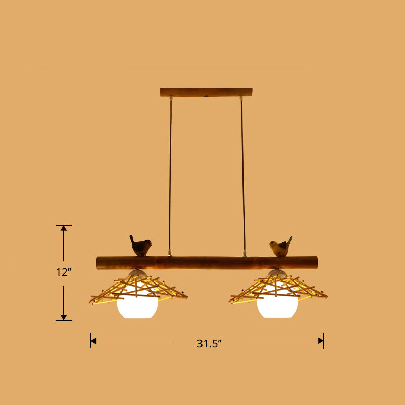 Cottage conico Isola Light Bamboo Bamboo Accensione in legno con ombra di vetro bianco cupola