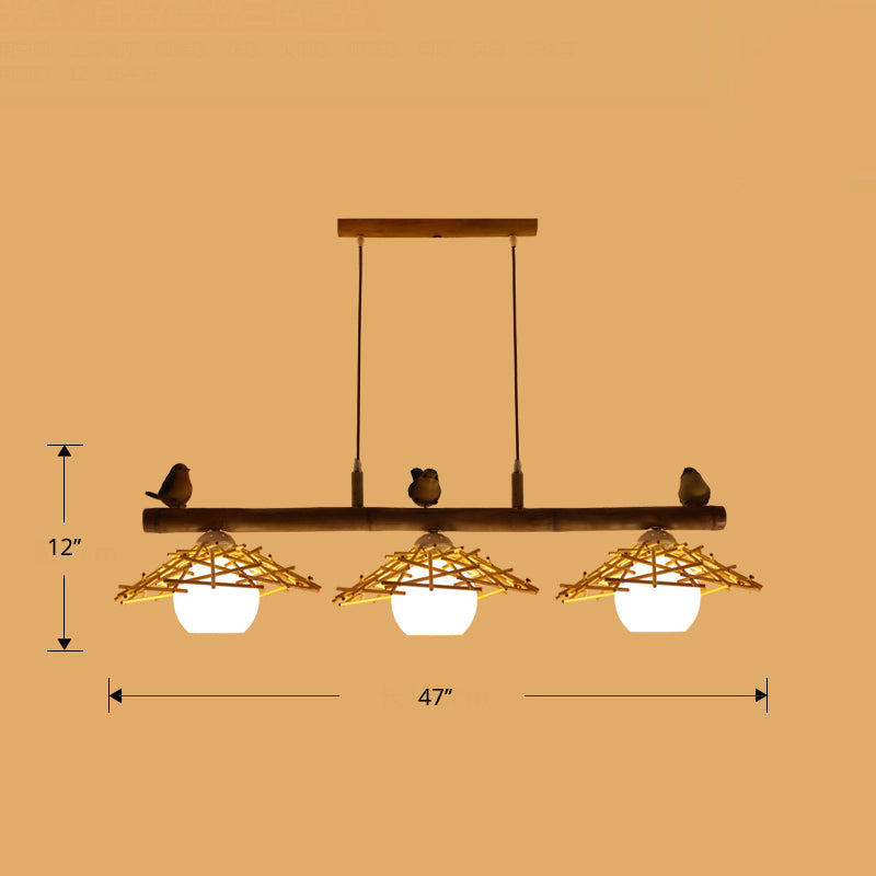 Cottage conico Isola Light Bamboo Bamboo Accensione in legno con ombra di vetro bianco cupola
