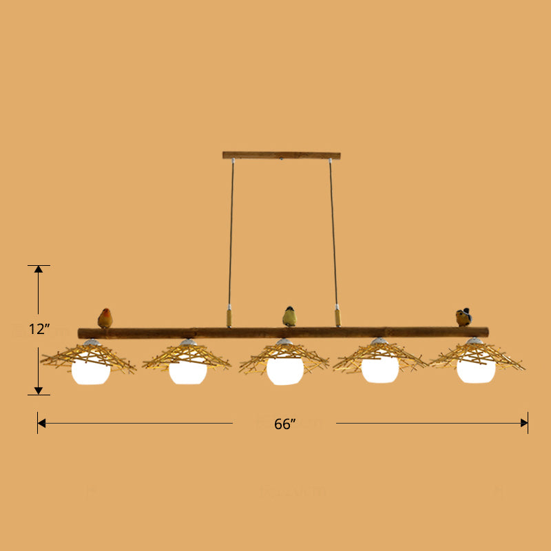 Cottage conico Isola Light Bamboo Bamboo Accensione in legno con ombra di vetro bianco cupola
