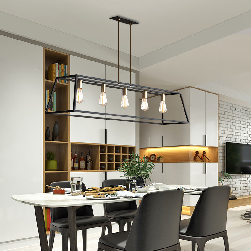 5 Bulbs Metal Island Light Fixture Industrial Black Trapezoid Dining Room Ceiling Suspension Lamp