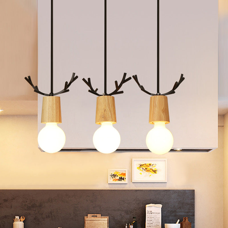 Nordic Antler Multipli sospeso in legno a 3 luci a soffitto a 3 luci con design a lampadina aperta