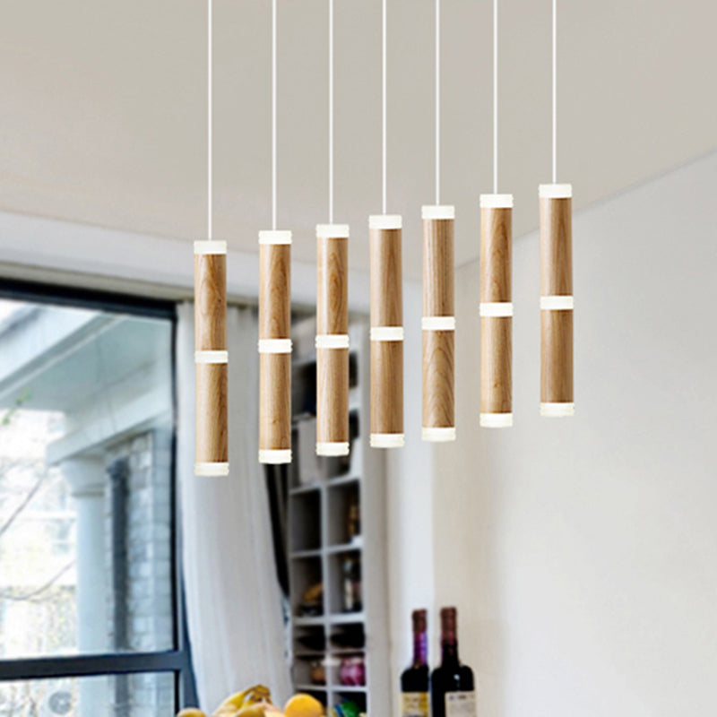Micro Tube LED Pendant Light Contemplrary Wooden 7/9-Head Dining Room Cluster Ceiling Lamp in Warm/White Light