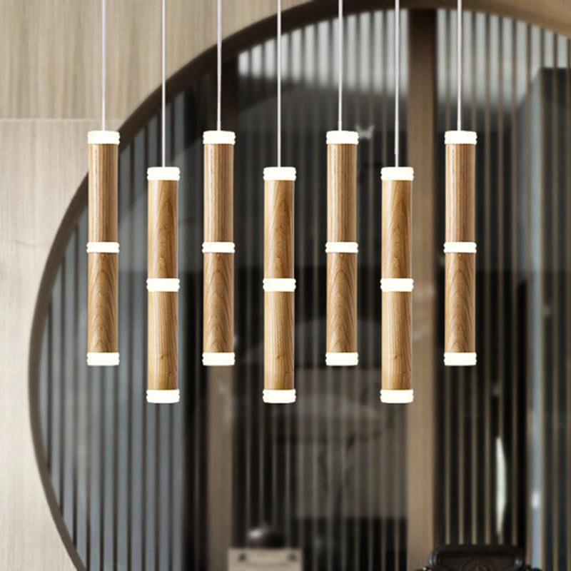 Micro Tube LED Pendant Light Contemplrary Wooden 7/9-Head Dining Room Cluster Ceiling Lamp in Warm/White Light