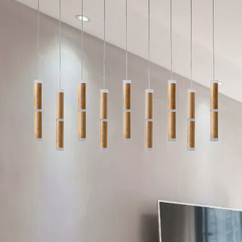 Micro Tube LED Pendant Light Contemplrary Wooden 7/9-Head Dining Room Cluster Ceiling Lamp in Warm/White Light