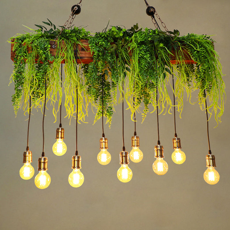 10 bulbes Island Light Industrial Bare Metal Metal Hanging Light avec Faux Fern Deco en vert