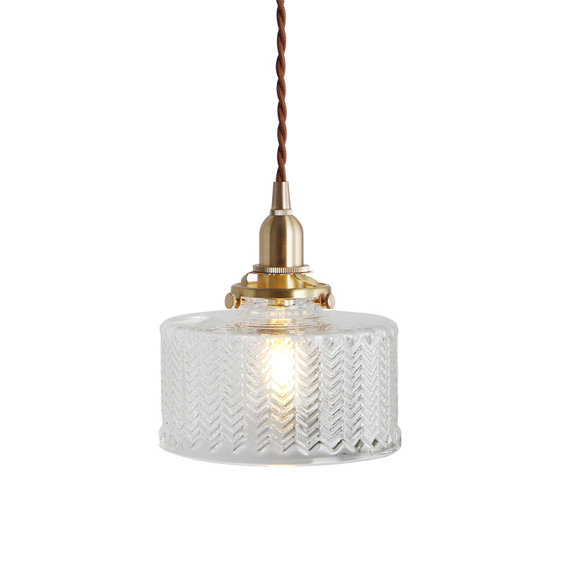 1-Bulb Round Pendant Light Nordic Brass Clear Wavy Glass Suspended Lighting Fixture