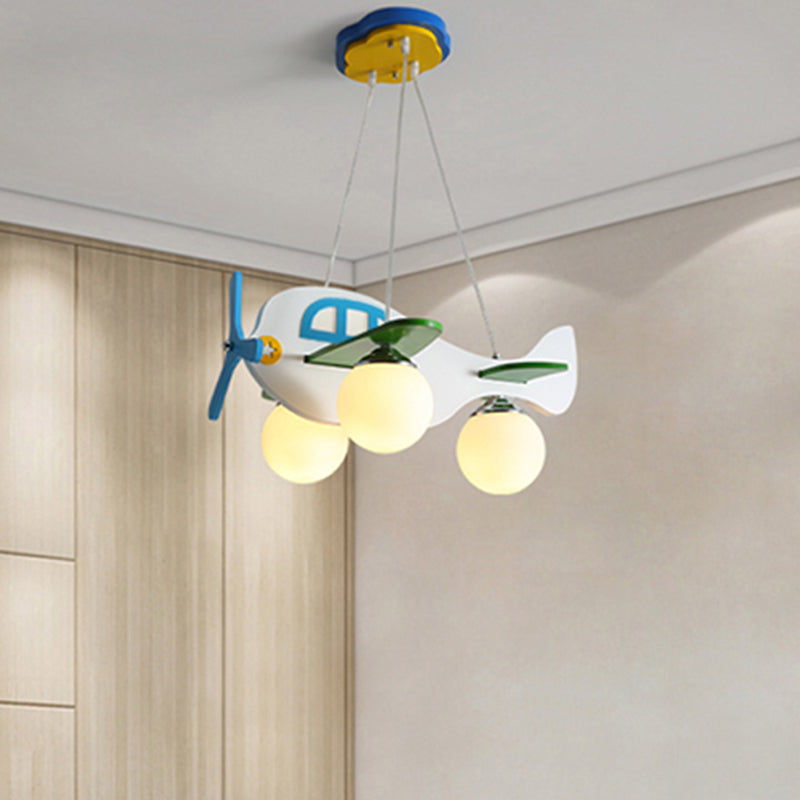 Cartoon Aircraft Pendant Chandelier Wooden 3-Bulb Kids Room Hanging Light with Ball White Glass Shade