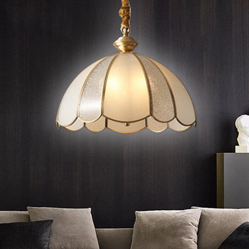 Traditional Scalloped Pendant Lighting Single-Bulb Frosted Glass Hanging Light in Gold