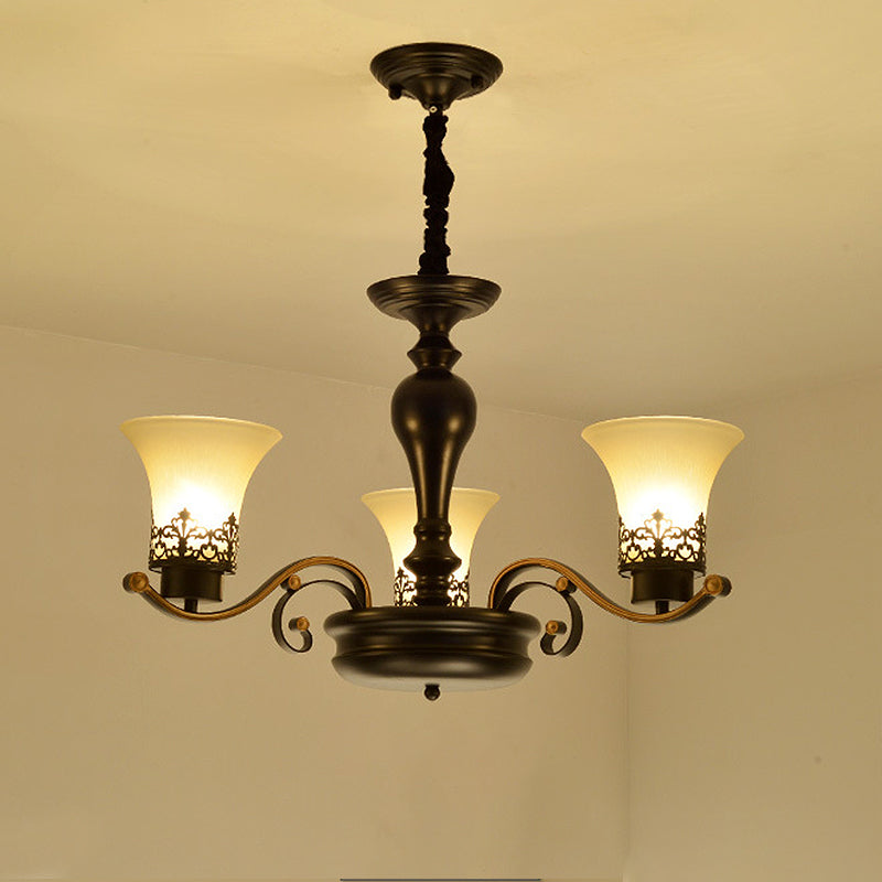 Bell Frosted Glass Chandelier Light Traditional 3/6/8 Light Living Room Pendant Lighting in Black
