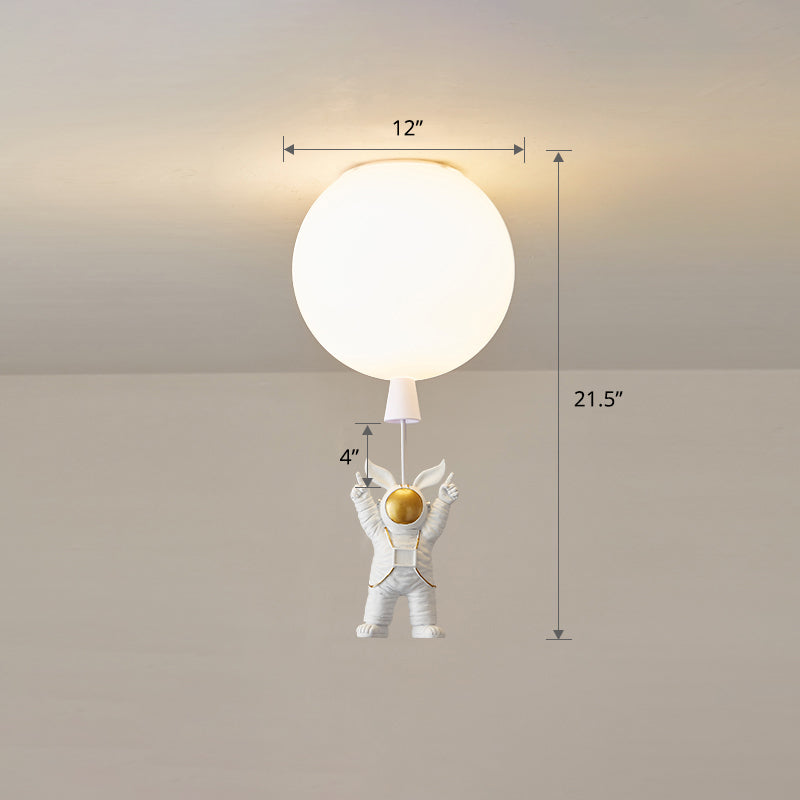 Kids Style 1-Bulb Ceiling Light White Astronaut and Balloon Flush Mount Light with Acrylic Shade