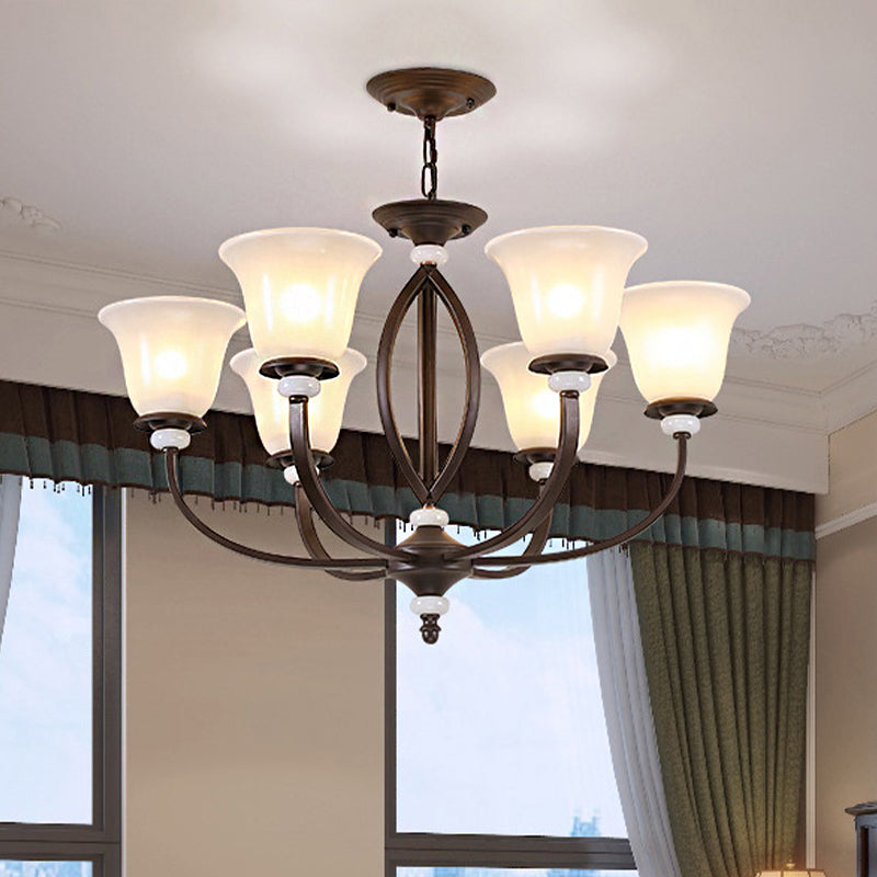 3/6/8 Lights Pendant Light Traditional Bell Frosted Glass Hanging Chandelier in Dark Coffee