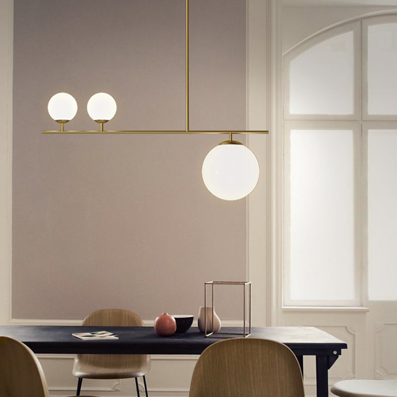 Brass Ball Pendant Light Minimalistic 3-Light Opal Glass Island Lighting for Dining Room