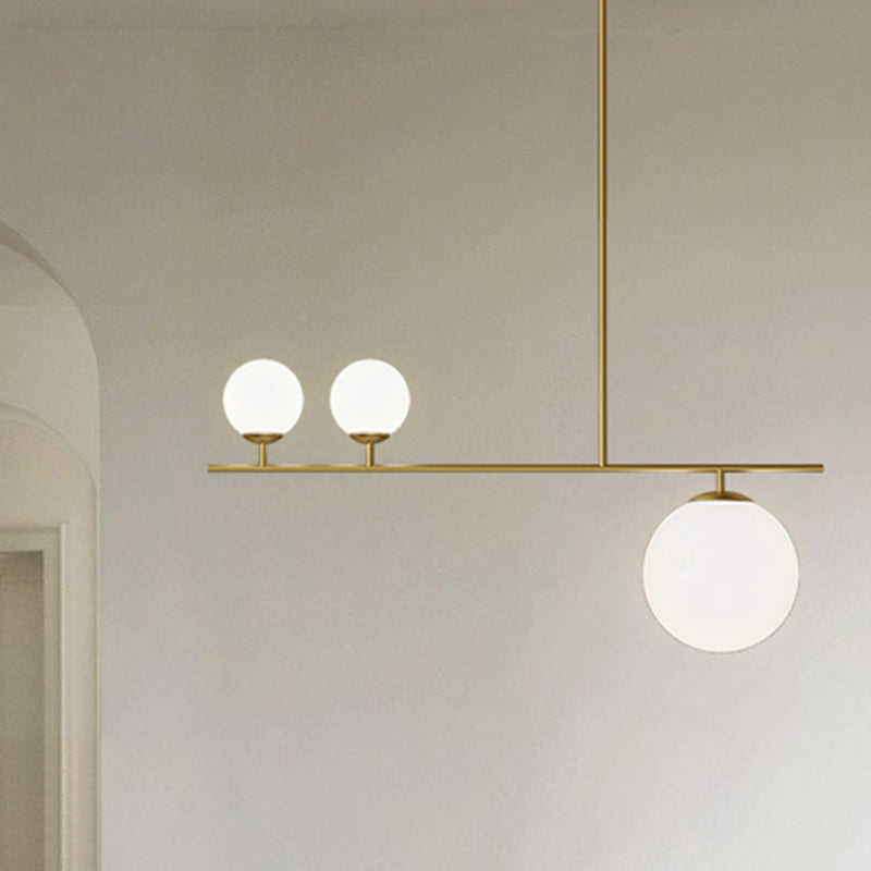 Brass Ball Pendant Light Minimalistic 3-Light Opal Glass Island Lighting for Dining Room