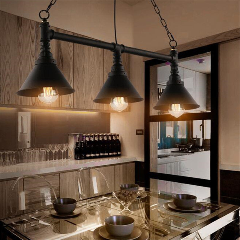 Conical Restaurant Island Light Fixture Industrial Metal 3-Head Black Hanging Ceiling Light