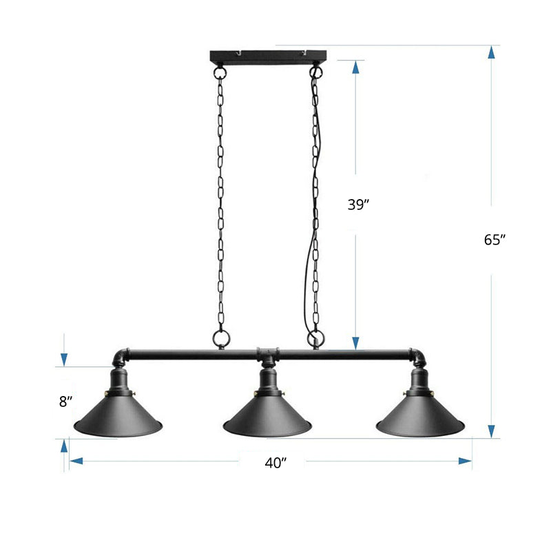 Conical Restaurant Island Light Fixture Industrial Metal 3-Head Black Hanging Ceiling Light