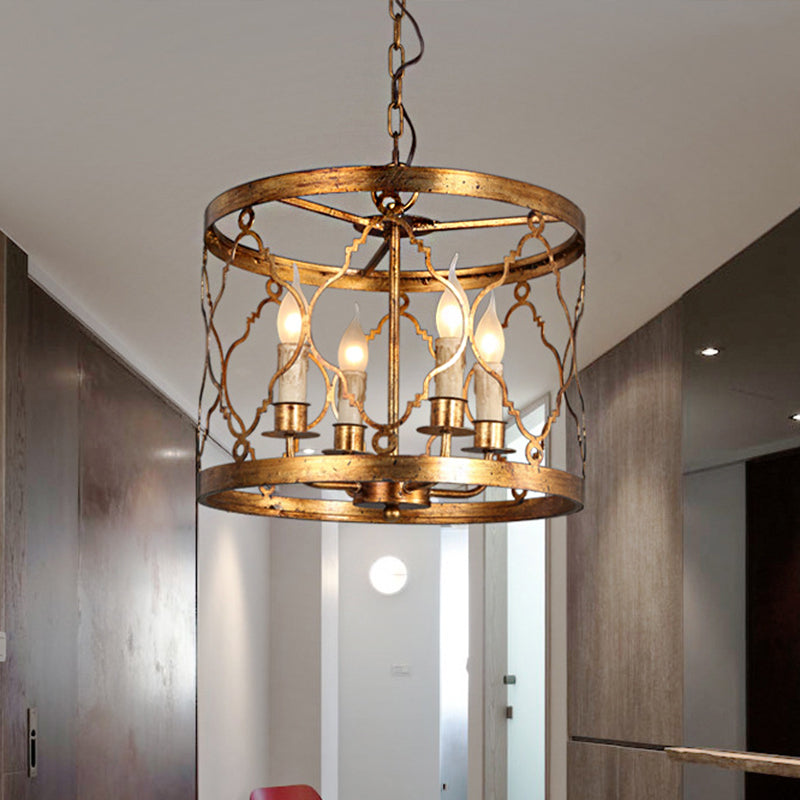 Metal Drum Shade Chandelier Lamp Retro 4-Head Bedroom Pendant Ceiling Light in Gold