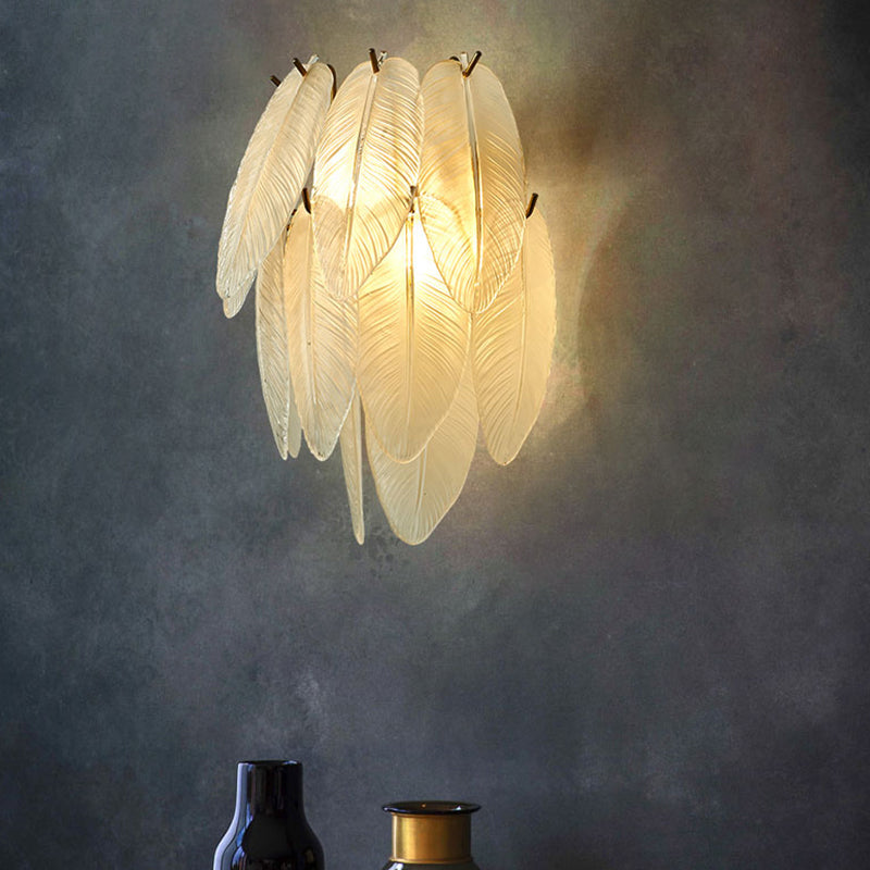 Clear Glass Leaf Sconce Lamp Art Deco 2-Bulb Brass Finish Wall Mounted Light for Dining Room