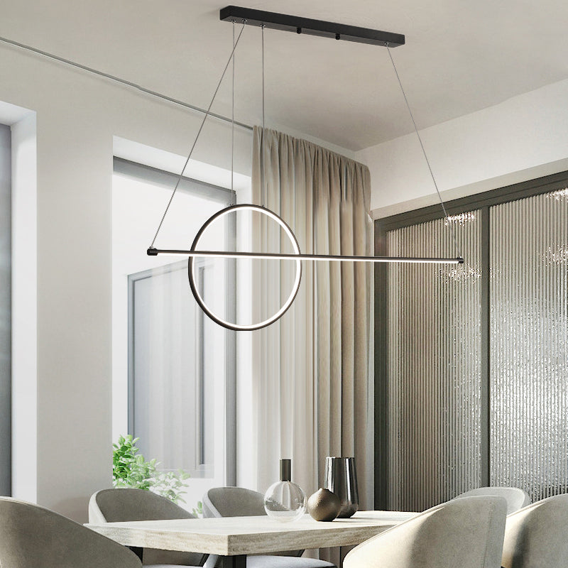 Modernist Line and Circle Hanging Light Metallic Restaurant LED Island Lighting in Black