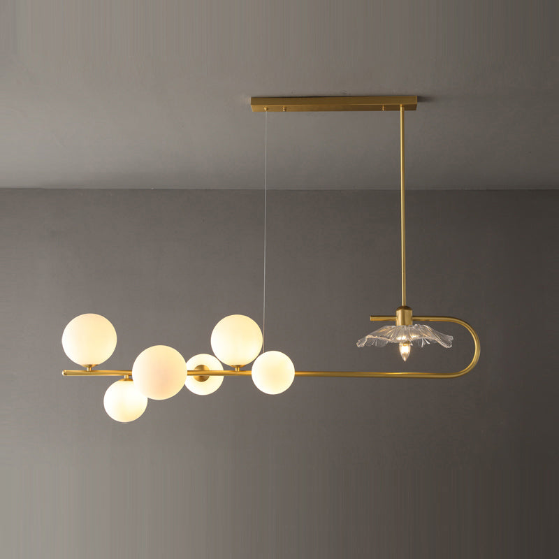 Creative Postmodern Suspension Lamp Brass Finish Ball and Lotus Leaf Island Light with Glass Shade