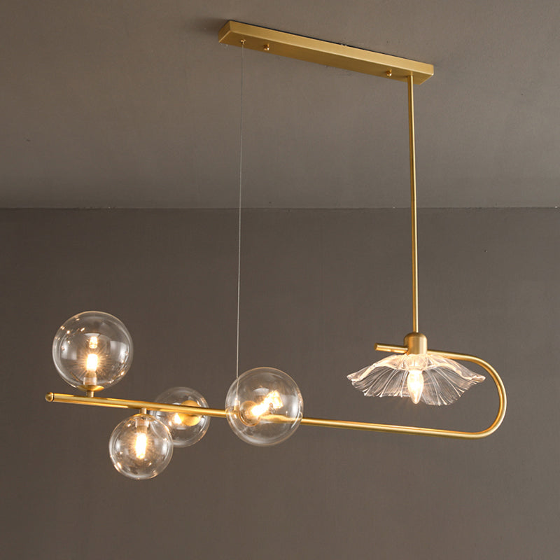 Creative Postmodern Suspension Lamp Brass Finish Ball and Lotus Leaf Island Light with Glass Shade
