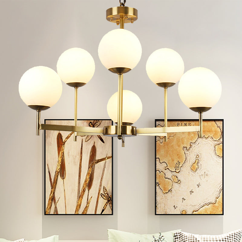 6/8 Bulbs Globe Chandelier Light Traditional Frosted Glass Hanging Ceiling Fixture in Brass