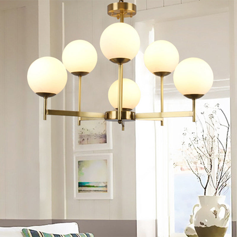 6/8 Bulbs Globe Chandelier Light Traditional Frosted Glass Hanging Ceiling Fixture in Brass