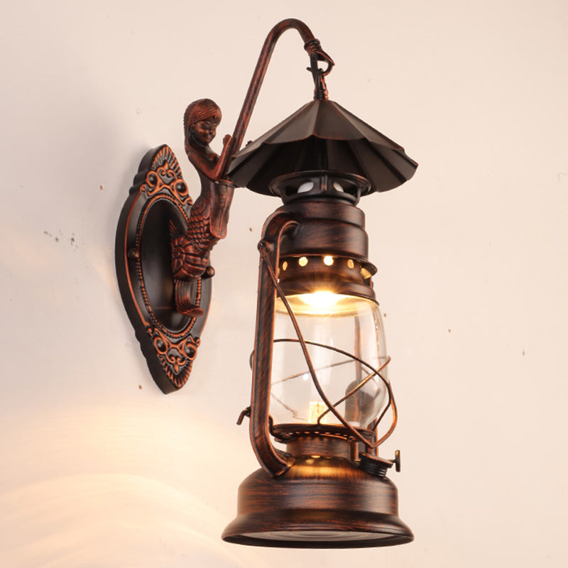 Single-Bulb Oil Lantern Sconce Antique Style Clear Glass Wall Mount Light Fixture for Aisle
