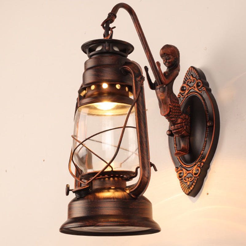 Single-Bulb Oil Lantern Sconce Antique Style Clear Glass Wall Mount Light Fixture for Aisle