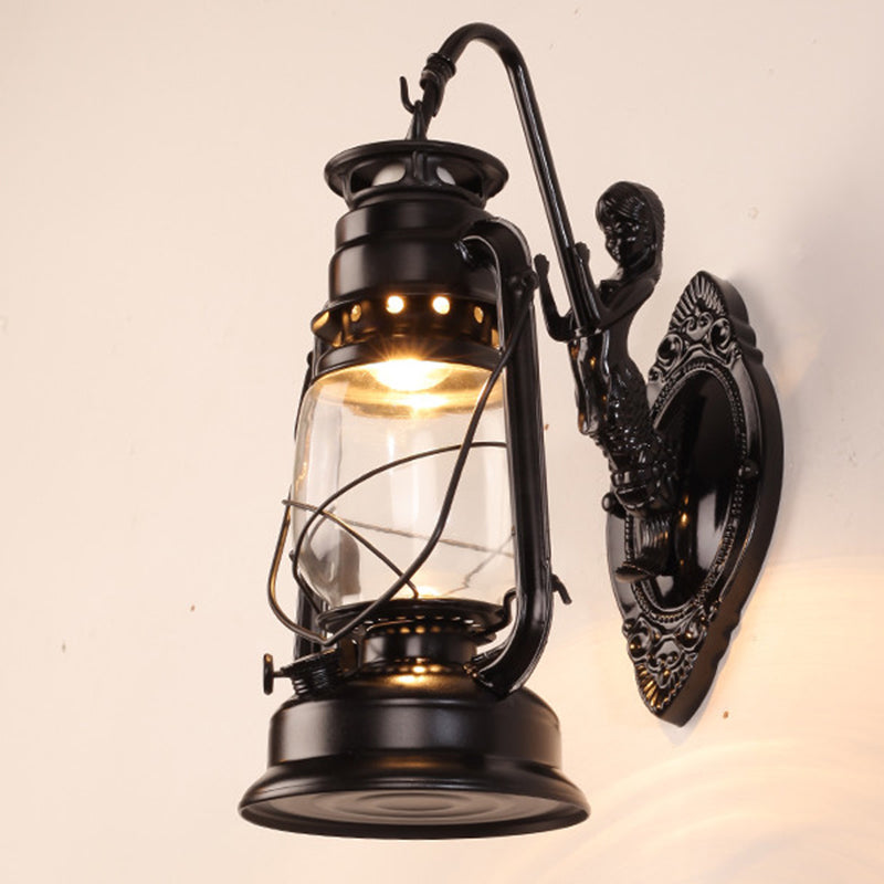 Single-Bulb Oil Lantern Sconce Antique Style Clear Glass Wall Mount Light Fixture for Aisle
