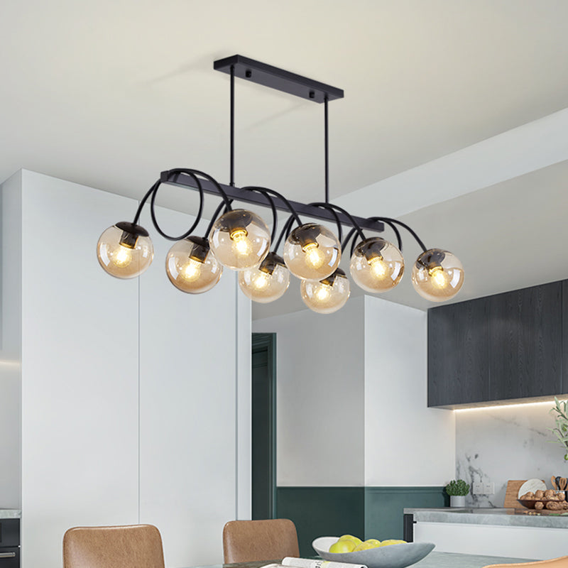 Modern Sphere Island Light Glass Dining Room Suspended Lighting Fixture in Black