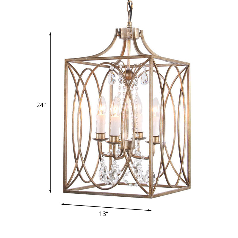 Rectangle Living Room Hanging Lamp Traditional Metal 4 Bulbs Brass Chandelier Pendant Light with Cascading Crystal